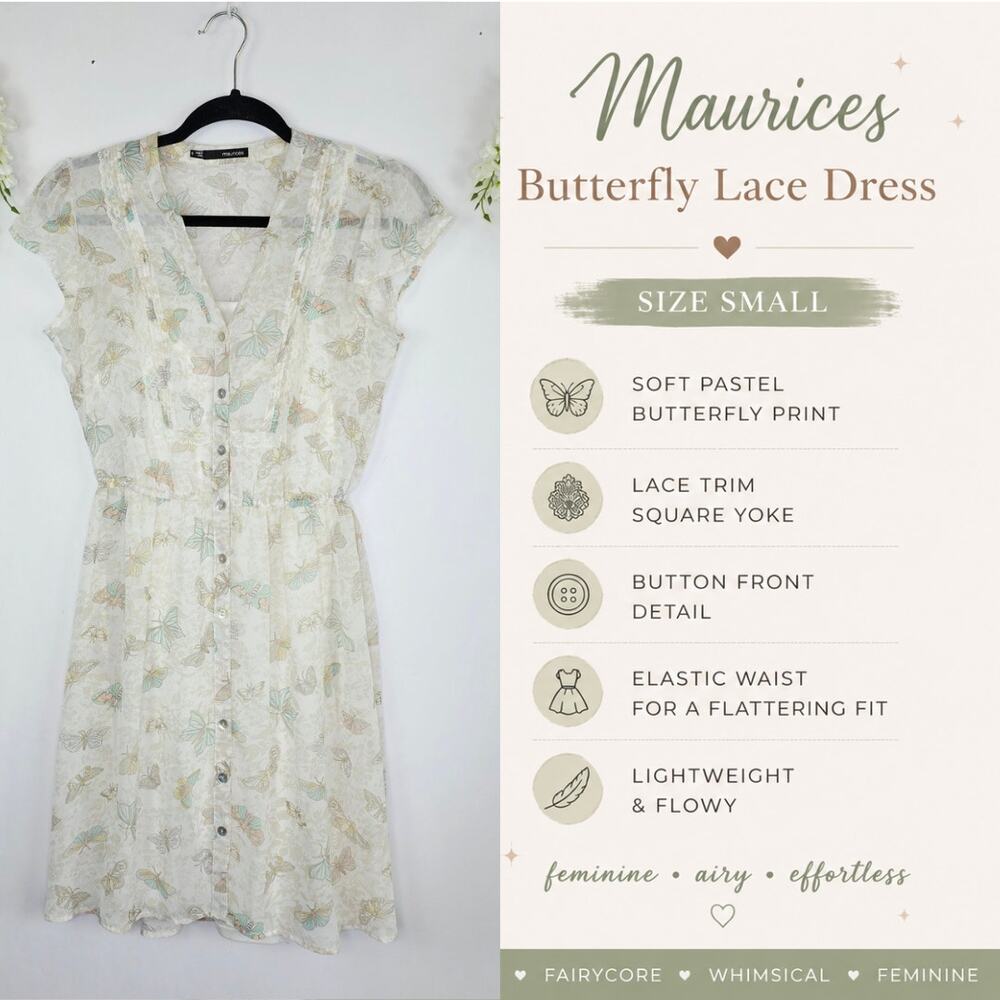 Maurices Button UP Dress Small Cream Butterfly Print Lace Cottagecore Fairycore